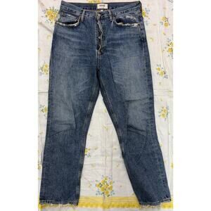 AGOLDE Riley High Rise Straight Jeans Medium Wash Distressed Hem Sz 28